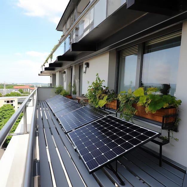 Solarmodule auf einem bepflanzten Balkon eines modernen Wohnhauses